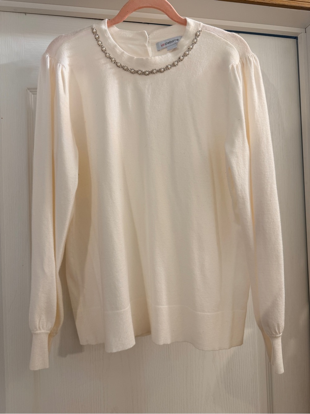 Liz Claiborne Cream Sweater with Pearl and Rhinestone Trim